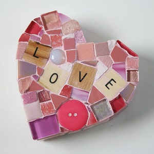 Pink Mosaic Heart Paperweight Large Mixed Media Wood Letters Conversation Hearts Love Valentines Day Marriage Glass Anniversary Home Decor