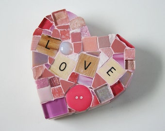 Pink Mosaic Heart Paperweight Large Mixed Media Wood Letters Conversation Hearts Love Valentines Day Marriage Glass Anniversary Home Decor