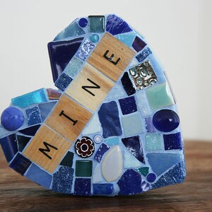 Blue Mosaic Heart Paperweight Large Mixed Media xo My Mine Love Valentines Day galentines Wood Letters glass wedding Conversation Hearts image 4