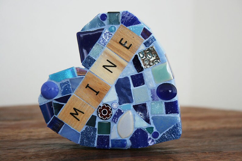 Blue Mosaic Heart Paperweight Large Mixed Media xo My Mine Love Valentines Day galentines Wood Letters glass wedding Conversation Hearts image 4