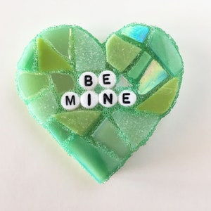 Large Green Conversation Heart Be Mine Love Glass Tile Stained Valentines Day Galentines Mosaic Hearts Engagement Wedding Home Decor Desk