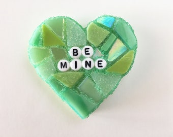 Large Green Conversation Heart Be Mine Love Glass Tile Stained Valentines Day Galentines Mosaic Hearts Engagement Wedding Home Decor Desk