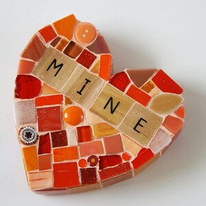 Orange Mosaic Heart Paperweight Large Mixed Media Mine My Love Glass Galentines Valentines Day Anniversary Wedding Conversation Hearts