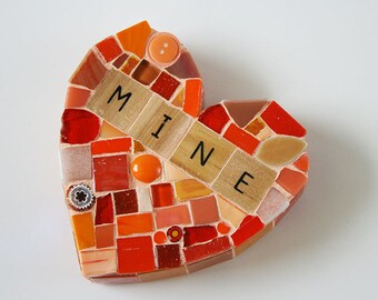 Orange Mosaic Heart Paperweight Large Mixed Media Mine My Love Glass Galentines Valentines Day Anniversary Wedding Conversation Hearts