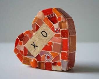 Orange xo Mosaic Heart Paperweight Small Mixed Media Love Wood Letters Love Valentines Day galentines Conversation Hearts stained glass wife