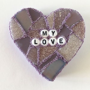 Large Purple Conversation Heart My Love Glass Tile Stained Valentines Day Galentines Mosaic Hearts Engagement Wedding Home Decor Desk Cupid