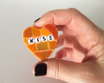 Small Orange Conversation Heart Kiss xoxo Love Glass Tile Stained Valentines Day Galentines Mosaic Hearts Engagement Wedding Home Decor Desk