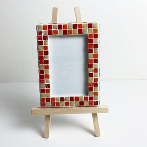 Red, Orange, and Tan Mosaic Picture Frame with Wood Easel made of 3/8 Vitreous Glass Tile image 1