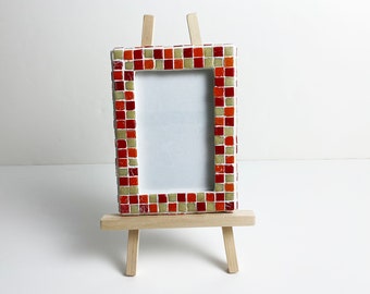 Red, Orange, and Tan Mosaic Picture Frame with Wood Easel made of 3/8" Vitreous Glass Tile