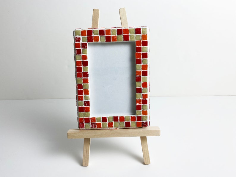 Red, Orange, and Tan Mosaic Picture Frame with Wood Easel made of 3/8 Vitreous Glass Tile image 1