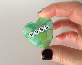 Small Green Conversation Heart Hugs Love Glass Tile Stained Valentines Day Galentines Mosaic Hearts Engagement Wedding Home Decor Desk