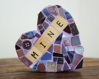 Purple Mosaic Heart Paperweight Large Mixed Media xo Mine My Hugs Love Valentines Day Wedding Bride Glass Galentines Anniversary Wife