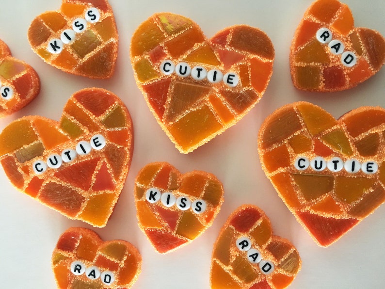 Small Orange Conversation Heart Rad Love Glass Tile Stained Valentines Day Galentines Mosaic Hearts Engagement Wedding Home Decor Desk Cupid image 8
