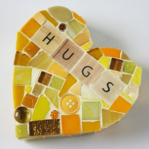 Yellow Mosaic Heart Paperweight Large Mixed Media Hugs xo Love My Mine Wood Letters Valentines Day Glass Wedding Conversation Hearts