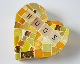 Yellow Mosaic Heart Paperweight Large Mixed Media Hugs xo Love My Mine Wood Letters Valentines Day Glass Wedding Conversation Hearts
