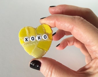Small Yellow Conversation Heart xoxo Love Glass Tile Stained Valentines Day Galentines Mosaic Hearts Engagement Wedding Home Decor Desk