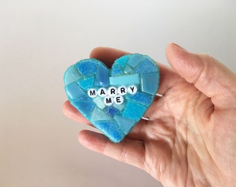 Large Blue Conversation Heart Marry Me Glass Tile Stained Valentines Day Galentines Mosaic Hearts Engagement Wedding Home Decor Desk Love