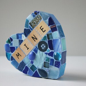 Blue Mosaic Heart Paperweight Large Mixed Media xo My Mine Love Valentines Day galentines Wood Letters glass wedding Conversation Hearts image 1