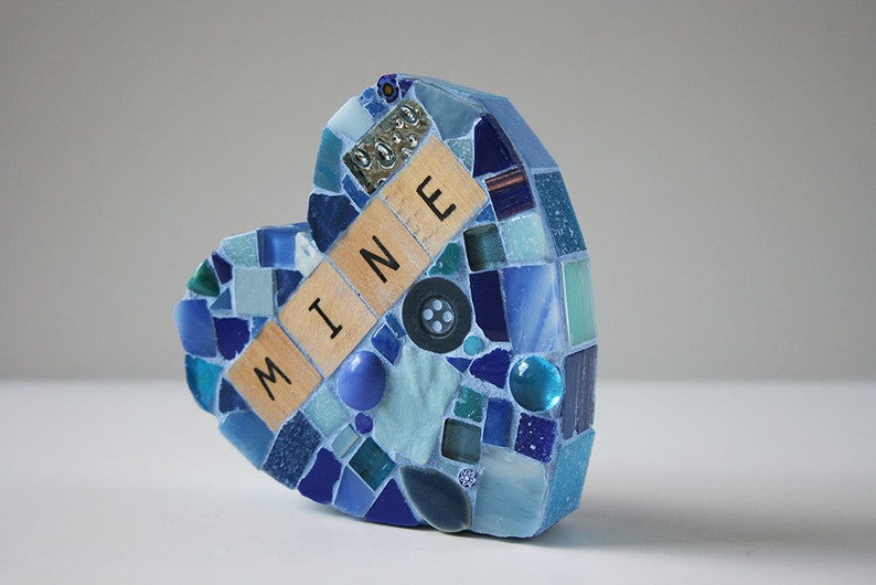 Blue Mosaic Heart Paperweight Large Mixed Media xo My Mine Love Valentines Day galentines Wood Letters glass wedding Conversation Hearts image 1