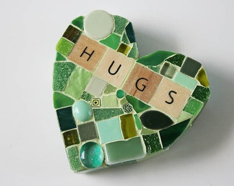 Green Mosaic Heart Paperweight Large Mixed Media Hugs xo Mine Love Valentines Day Wood Letters glass galentines wedding Conversation Hearts