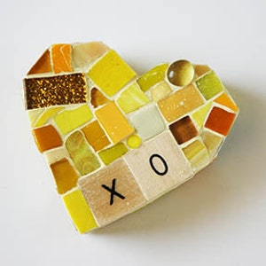 Yellow Mosaic Heart Paperweight Small Mixed Media xo Hugs Love Valentines Day Wood Letters Glass Galentines Anniversary Conversation Hearts