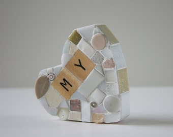 White Mosaic Heart Paperweight Small Mixed Media Wood Letters Found Objects Valentines Day Love Marriage Glass Ceramic Galentines gift