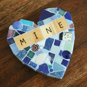 Blue Mosaic Heart Paperweight Large Mixed Media xo My Mine Love Valentines Day galentines Wood Letters glass wedding Conversation Hearts image 2