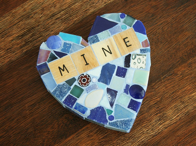 Blue Mosaic Heart Paperweight Large Mixed Media xo My Mine Love Valentines Day galentines Wood Letters glass wedding Conversation Hearts image 2