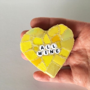 Large Yellow Conversation Heart All Mine Love Glass Tile Stained Valentines Day Galentines Mosaic Hearts Engagement Wedding Home Decor Desk