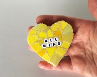Large Yellow Conversation Heart All Mine Love Glass Tile Stained Valentines Day Galentines Mosaic Hearts Engagement Wedding Home Decor Desk