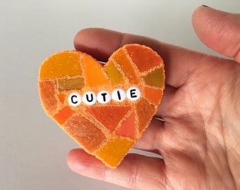 Large Orange Conversation Heart Cutie Love Glass Tile Stained Valentines Day Galentines Mosaic Hearts Engagement Wedding Home Decor Desk