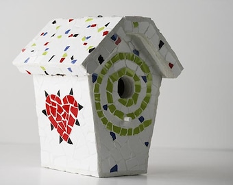 Mosaic Hearts and Swirls Birdhouse Housewarming first home Gardening garden Spring Ceramic shabby chic wedding engagement red white lime