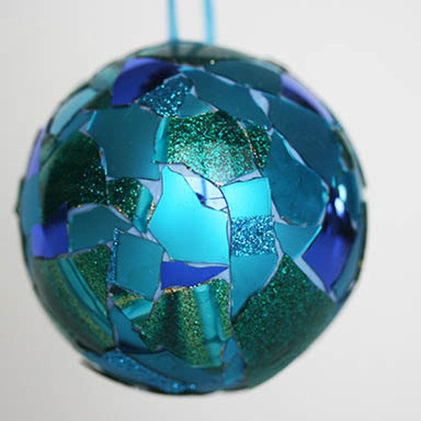 Blue Glass Mosaic Ornament Christmas Holiday Decor Turquoise Royal Glitter Vintage Antique ball sphere round deck the halls trim the tree