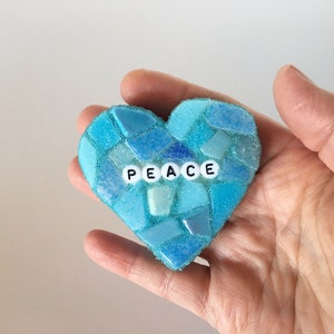 Large Blue Conversation Heart Peace Love Glass Tile Stained Valentines Day Galentines Mosaic Hearts Engagement Wedding Home Decor Desk Cupid