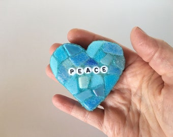 Large Blue Conversation Heart Peace Love Glass Tile Stained Valentines Day Galentines Mosaic Hearts Engagement Wedding Home Decor Desk Cupid