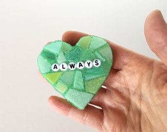 Large Green Conversation Heart Always Love Glass Tile Stained Valentines Day Galentines Mosaic Hearts Engagement Wedding Home Decor Desk