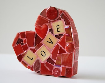 Red Mosaic Heart Paperweight Love Large Mixed Media Glass xo Hugs Wedding Bride Valentines Day wood letters galentines engagement wife leaf