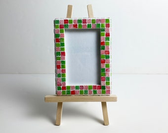 Preppy Pink and Green Mosaic Picture Frame with Wood Easel made of 3/8" Vitreous Glass Tile
