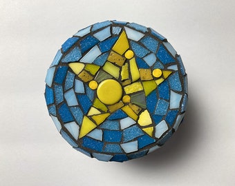 Mosaic Box, Glass Mosaic, Mixed Media Mosaic, Star Box, Blue and Yellow Box, Glass Star, Keepsake Box, Jewelry Box