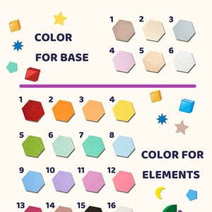 May include: A chart with color swatches for customizing a toy. The top row shows six colors for the base of the toy, labeled "COLOR FOR BASE". The bottom row shows sixteen colors for the elements of the toy, labeled "COLOR FOR ELEMENTS".