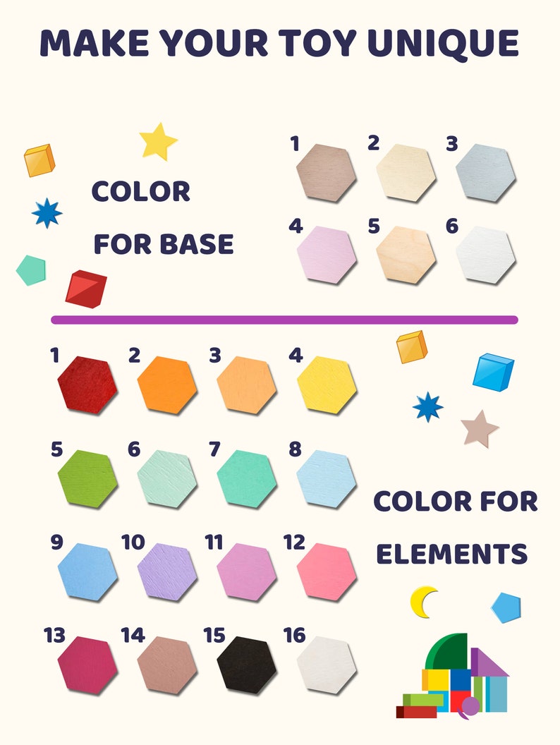 May include: A chart with color swatches for customizing a toy. The top row shows six colors for the base of the toy, labeled "COLOR FOR BASE". The bottom row shows sixteen colors for the elements of the toy, labeled "COLOR FOR ELEMENTS".