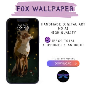 Sfondo del telefono volpe e lucciola, foresta, arte digitale, fantasia, notte, celeste