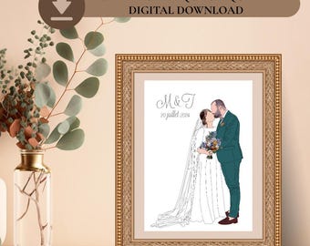 Personalized Digital Wedding Portrait - Couple Illustration from Photo - Printable Wedding Gift - Custom Drawing Digital File