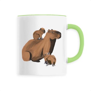 Tasse capybara Céramique, choix de couleurs, maman capybara et ses bébés Vert