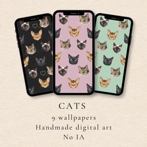 Pack 9 Fonds d'Écran Chats Mignons, Bundle Wallpaper Téléphone Chat, Digital Download iPhone & Android, Illustration Chat Adorable, Kawaii