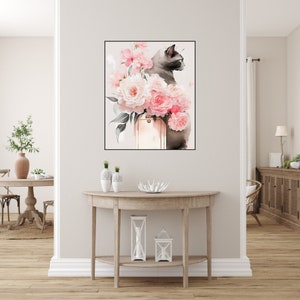 May include: A watercolor painting of a gray cat sitting in a vase of pink flowers. The cat is looking to the right and the flowers are in full bloom.