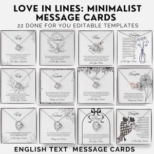 May include: A display of minimalist message cards with necklaces, each in a gift box. The cards are labeled with terms like "Wife," "Soulmate," "Mom," and "Daughter." The text "LOVE IN LINES: MINIMALIST MESSAGE CARDS" is at the top.