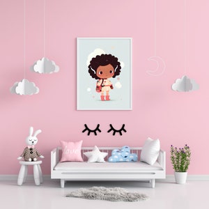 May include: A white framed illustration of a young girl with brown skin and curly brown hair wearing a red and white striped sweater and red boots. The girl is holding a blue backpack and is standing in front of a light blue background with white clouds and stars. The illustration is hanging on a pink wall with white clouds hanging from the ceiling.
