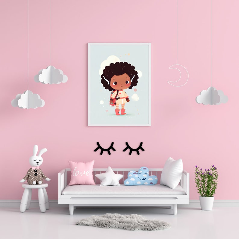 May include: A white framed illustration of a young girl with brown skin and curly brown hair wearing a red and white striped sweater and red boots. The girl is holding a blue backpack and is standing in front of a light blue background with white clouds and stars. The illustration is hanging on a pink wall with white clouds hanging from the ceiling.