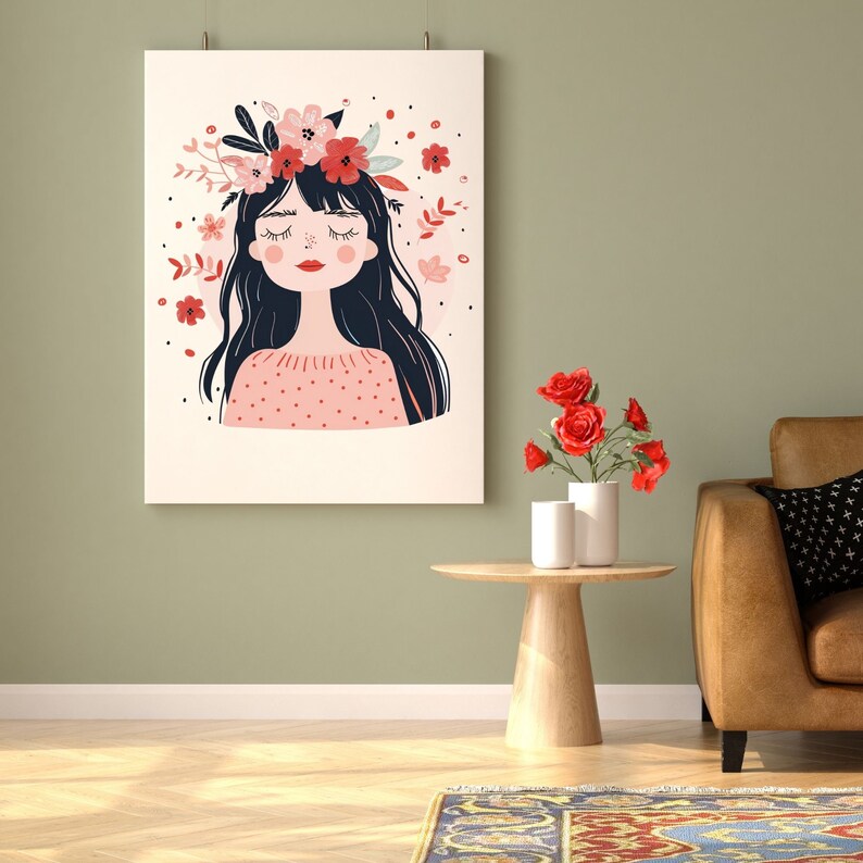May include: A framed illustration of a woman with closed eyes wearing a floral crown. The woman has long black hair and is wearing a pink sweater with white polka dots. The background is a light green wall with a small table and a vase of red flowers.